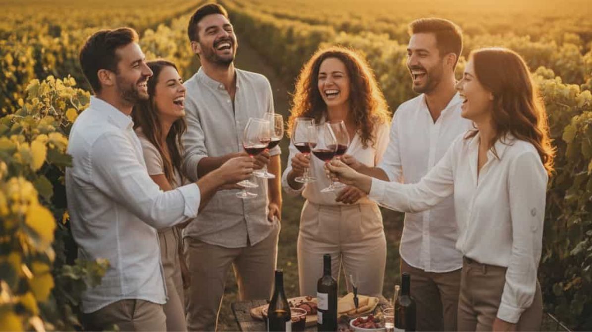 Six guests raising glasses of red wine together among the vines in low afternoon sun.