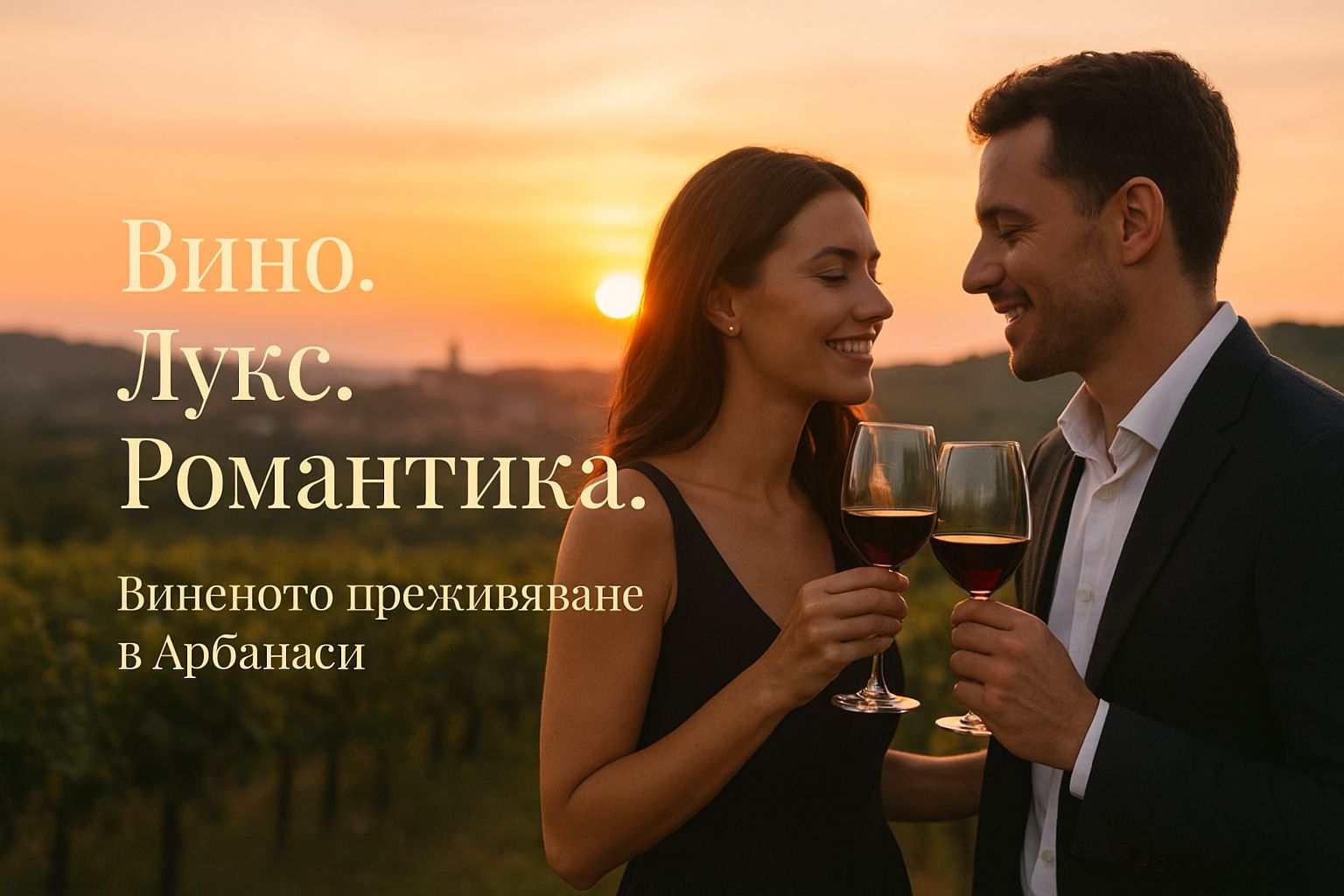 Двойка вдига чаши с вино срещу залеза над Арбанаси. Надпис върху изображението: „Вино. Лукс. Романтика. Виненото преживяване в Арбанаси“.